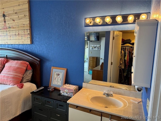 bathroom featuring vanity, a spacious closet, and a textured wall