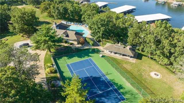 birds eye view of property featuring a water view