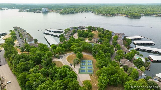 bird's eye view with a water view