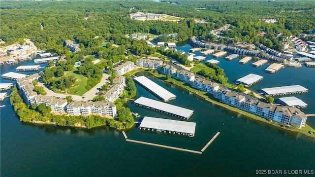 bird's eye view featuring a wooded view and a water view