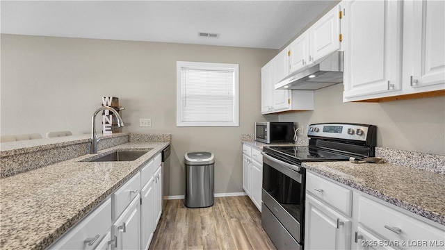 kitchen with visible vents, under cabinet range hood, appliances with stainless steel finishes, white cabinets, and a sink