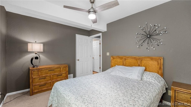 bedroom with baseboards, light carpet, and ceiling fan