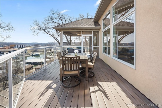 145 Bella Terra Ct, Sunrise Beach, MO 65079 - wooden deck featuring a water view and a sunroom