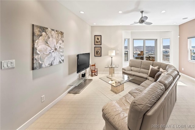 145 Bella Terra Ct, Sunrise Beach, MO 65079 - living area with recessed lighting, baseboards, light colored carpet, and a ceiling fan