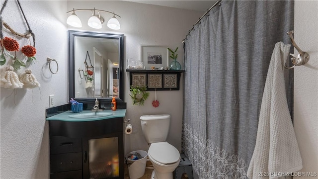 full bathroom featuring toilet, a shower with curtain, and vanity