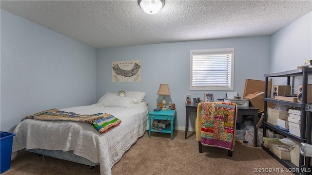 carpeted bedroom with a textured ceiling