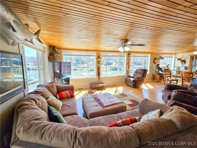 living area featuring ceiling fan, wood finished floors, a healthy amount of sunlight, and wooden ceiling