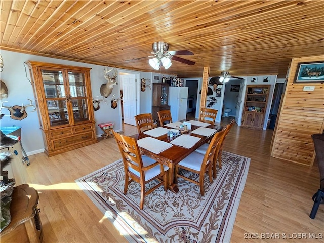 dining room with wooden ceiling, baseboards, a ceiling fan, and light wood finished floors