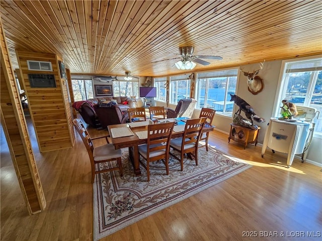 dining room with visible vents, a ceiling fan, wood finished floors, and wooden ceiling