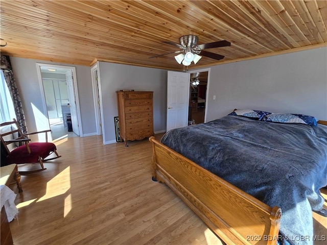 bedroom with crown molding, a ceiling fan, light wood-style flooring, and wooden ceiling