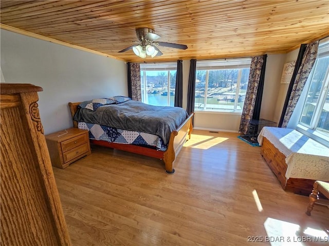 bedroom featuring crown molding, wood ceiling, ceiling fan, and light wood-style floors