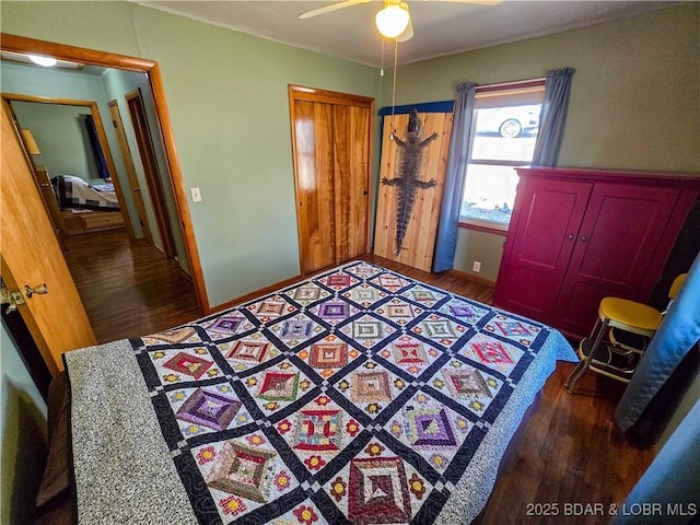 bedroom with ceiling fan, a closet, and wood finished floors