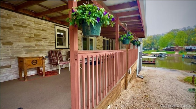 exterior space featuring a water view