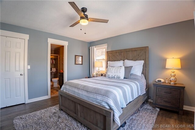 2813 Great Lake View Dr, Gravois Mills, MO 65037 - bedroom with wood finished floors, ensuite bathroom, and ceiling fan
