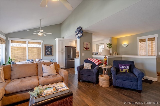 2813 Great Lake View Dr, Gravois Mills, MO 65037 - living area featuring a ceiling fan, dark wood-style flooring, healthy amount of natural light, and lofted ceiling
