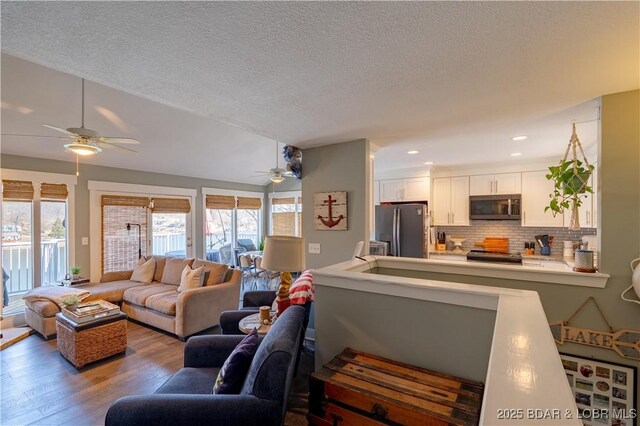 2813 Great Lake View Dr, Gravois Mills, MO 65037 - living area featuring a ceiling fan, wood finished floors, plenty of natural light, and a textured ceiling