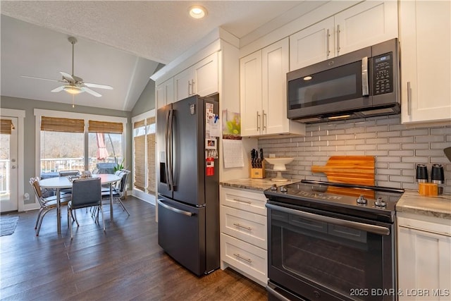 2813 Great Lake View Dr, Gravois Mills, MO 65037 - kitchen featuring black appliances, white cabinets, decorative backsplash, a ceiling fan, and lofted ceiling