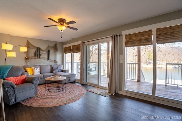 2813 Great Lake View Dr, Gravois Mills, MO 65037 - living room with ceiling fan, wood finished floors, and a water view