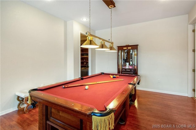 rec room with baseboards, wood finished floors, and billiards