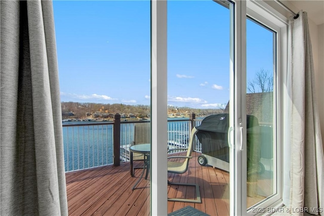 exterior space with a water view
