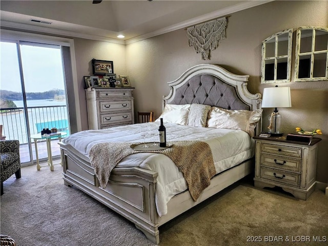 201 Marina Residence Dr Unit 3C, Camdenton, MO 65020 - bedroom featuring carpet flooring, access to exterior, and ornamental molding