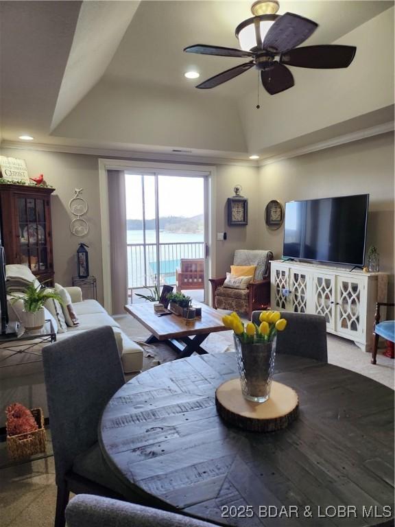 201 Marina Residence Dr Unit 3C, Camdenton, MO 65020 - carpeted dining area featuring a ceiling fan, recessed lighting, and lofted ceiling