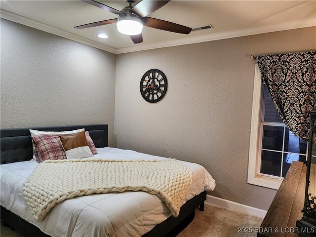 201 Marina Residence Dr Unit 3C, Camdenton, MO 65020 - carpeted bedroom with crown molding, baseboards, a textured wall, ceiling fan, and recessed lighting