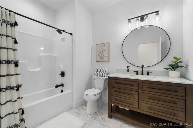 bathroom featuring marble look tile flooring, toilet, vanity, and shower / tub combo with curtain