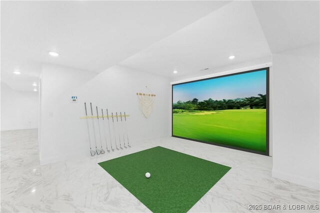 playroom featuring golf simulator, marble finish floors, recessed lighting, and baseboards