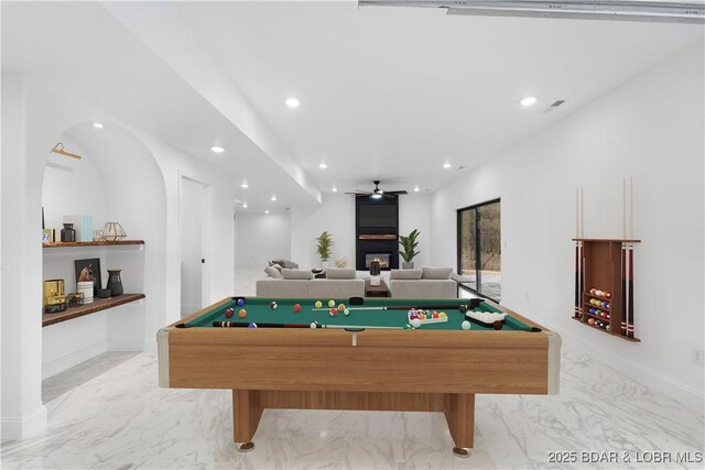rec room featuring marble finish floors, billiards, recessed lighting, ceiling fan, and baseboards