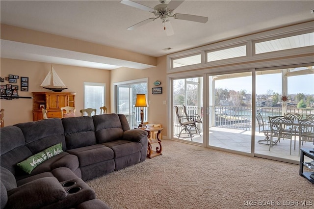 living room featuring visible vents, ceiling fan, and carpet flooring