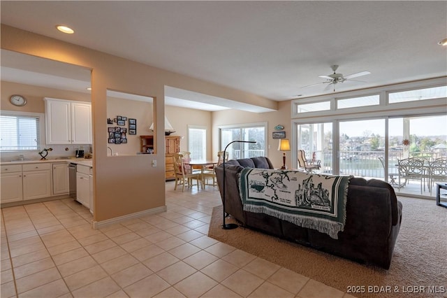 living room featuring light tile patterned floors, recessed lighting, and ceiling fan