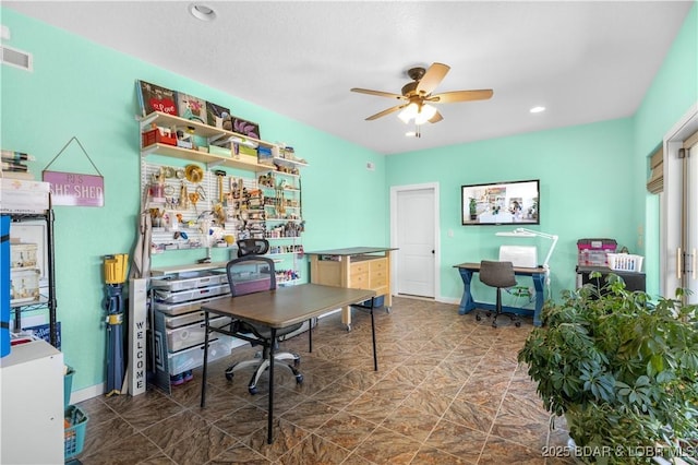 office space featuring ceiling fan, recessed lighting, and baseboards