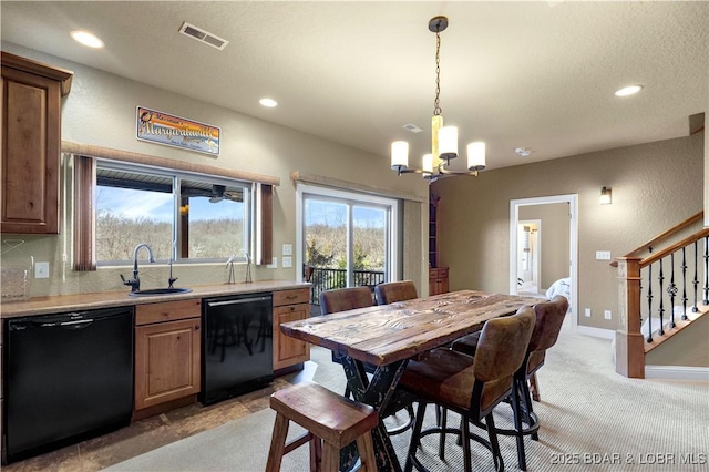 dining space with a chandelier, stairway, recessed lighting, light colored carpet, and baseboards