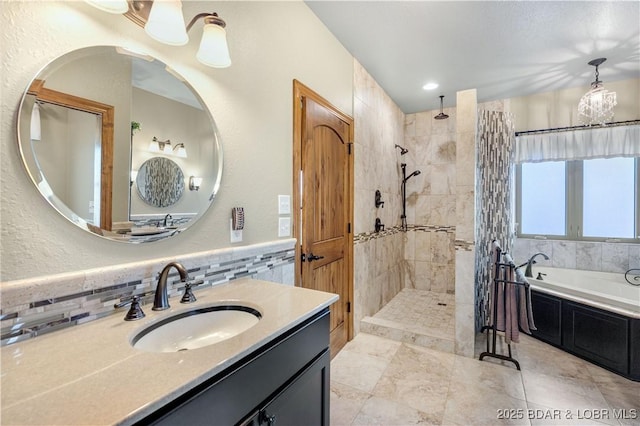 189 Black Rock Rd, Camdenton, MO 65020 - full bathroom featuring walk in shower, a bath, vanity, tile walls, and decorative backsplash