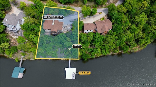 189 Black Rock Rd, Camdenton, MO 65020 - aerial view of property and surrounding area with a large body of water and property parcel outlined