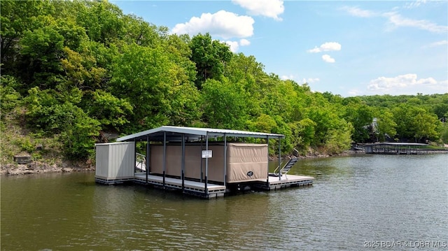 dock featuring a water view and a wooded view