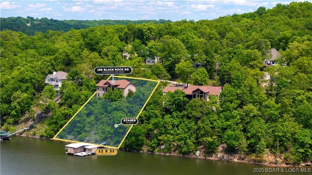 view of property location with a forest, a nearby body of water, and property parcel outlined