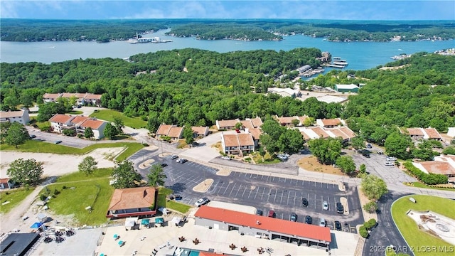 bird's eye view with a water view and a forest view