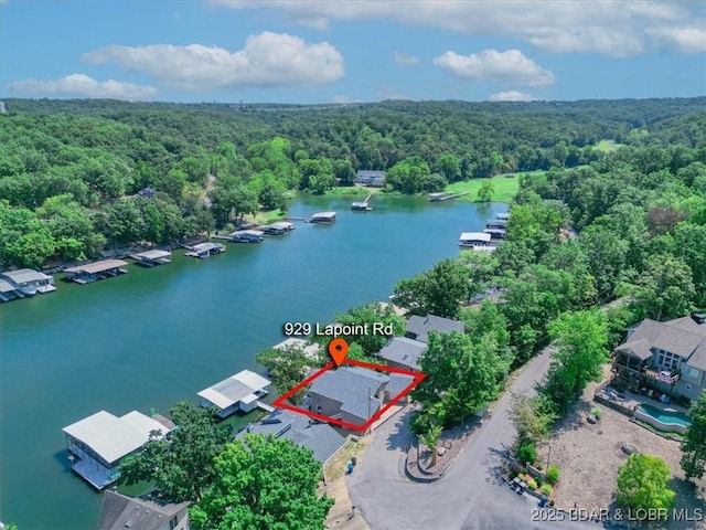 birds eye view of property featuring a view of trees and a water view