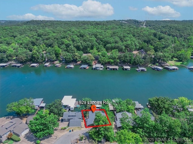 birds eye view of property with a residential view, a view of trees, and a water view