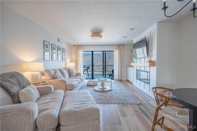 611 Lazy Days Rd Unit F5, Osage Beach, MO 65065 - living room featuring a glass covered fireplace, light wood finished floors, a textured ceiling, and visible vents