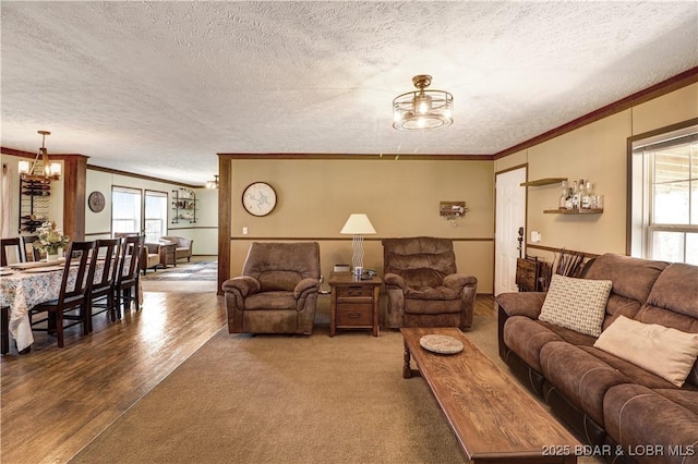 living room featuring a textured ceiling, a chandelier, ornamental molding, and wood finished floors