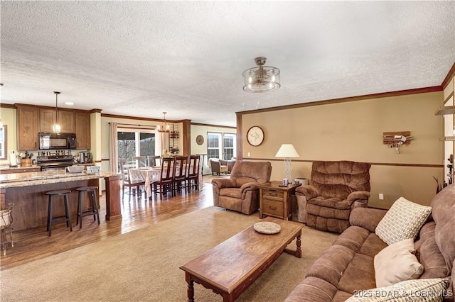 living area with crown molding, a textured ceiling, and a notable chandelier