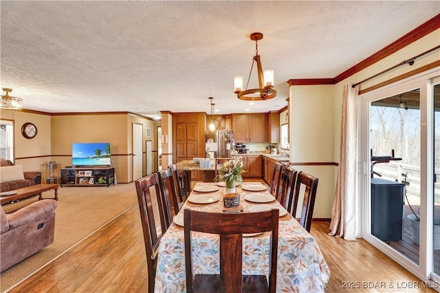 dining area featuring a textured ceiling, a healthy amount of sunlight, and light wood-type flooring