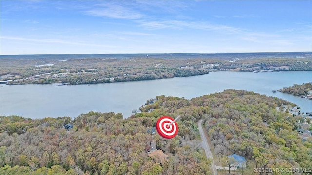 birds eye view of property with a wooded view and a water view