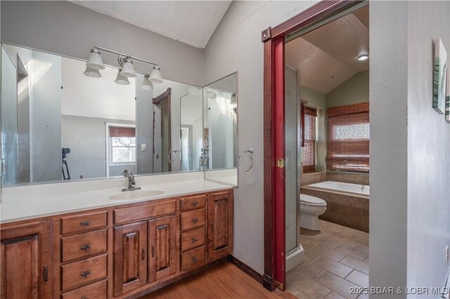 24 Arrowhead Beach Rd, Lake Ozark, MO 65049 - full bathroom featuring vaulted ceiling, a bath, vanity, and toilet
