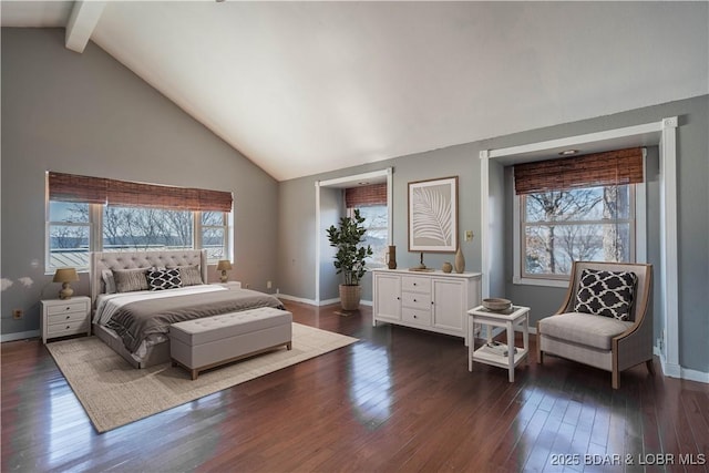 24 Arrowhead Beach Rd, Lake Ozark, MO 65049 - bedroom featuring multiple windows, dark wood-style flooring, beamed ceiling, baseboards, and high vaulted ceiling