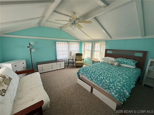carpeted bedroom with vaulted ceiling with beams and ceiling fan