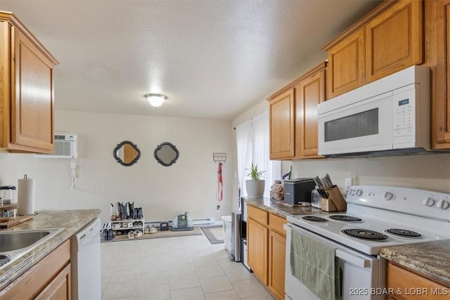 145 Oak Bnd, Kaiser, MO 65047 - kitchen with white appliances, an AC wall unit, a baseboard radiator, and a sink